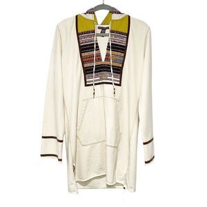 Lucky Brand Ivory and Brown Tunic Embroidered Front and Hoodie Long Sweater M